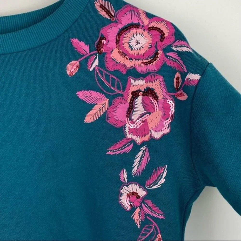 Gymboree Sweater Girls Size M (7-8) 6-8 Yrs Green Embroidered Floral Pullover